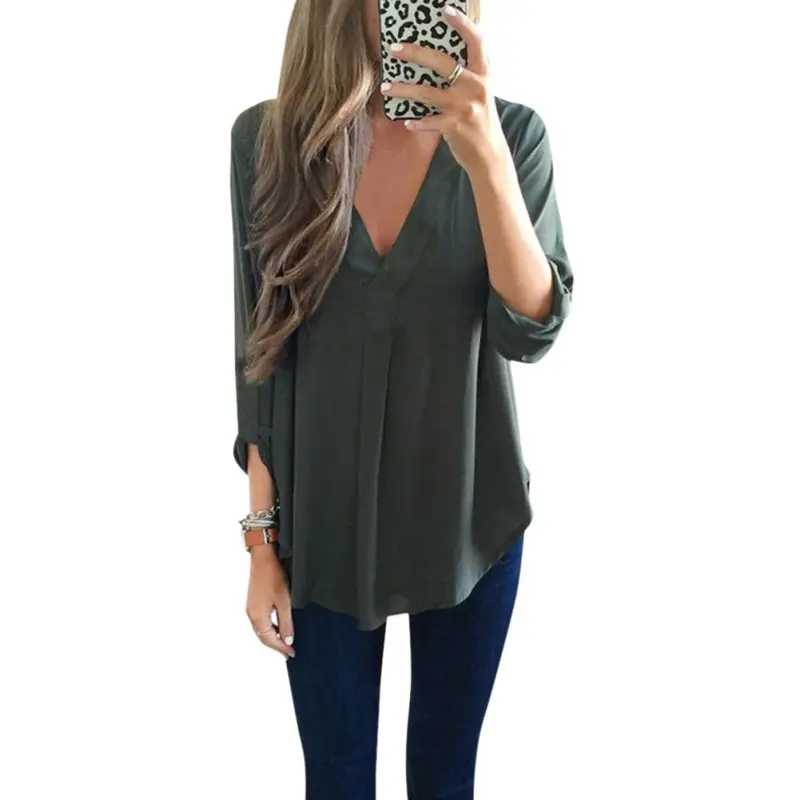

New Arrival Fashion Women's Loose Three Quarter Sleeve Blouse Casual V-Neck White Green Blouse Shirt Tops S-3XL K3