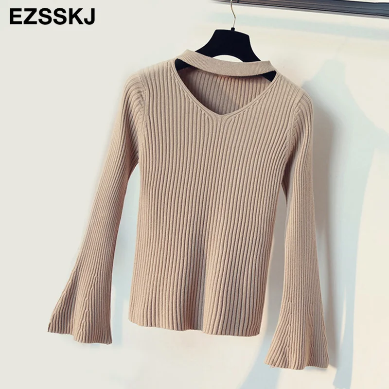 fashion halter knitted sweater women Autumn winter pullover female tops Slim v neck black jumper casual pull femme flare sleeve | Женская