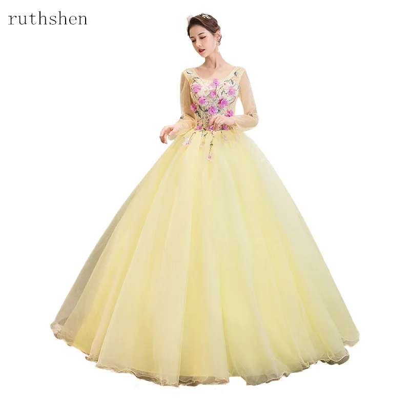 Бальные платья светильник Quinceanera желтого цвета с длинным рукавом Vestidos De 15 Sixteen