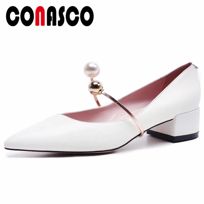 

CONASCO 2021 модная обувь на квадратном каблуке с острым носком; Женские туфли-лодочки, украшенные жемчугом, из натуральной кожи с украшением в ви...