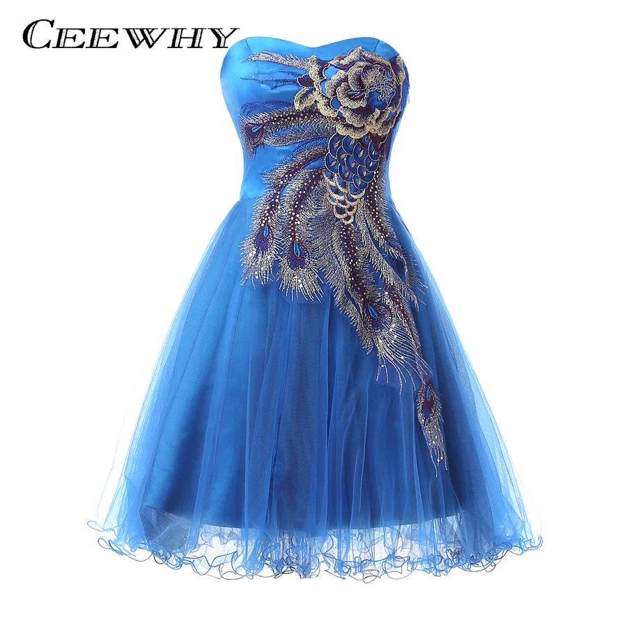 Синее милое Элегантное коктейльное платье с вышивкой 2017 Короткое свадебное для