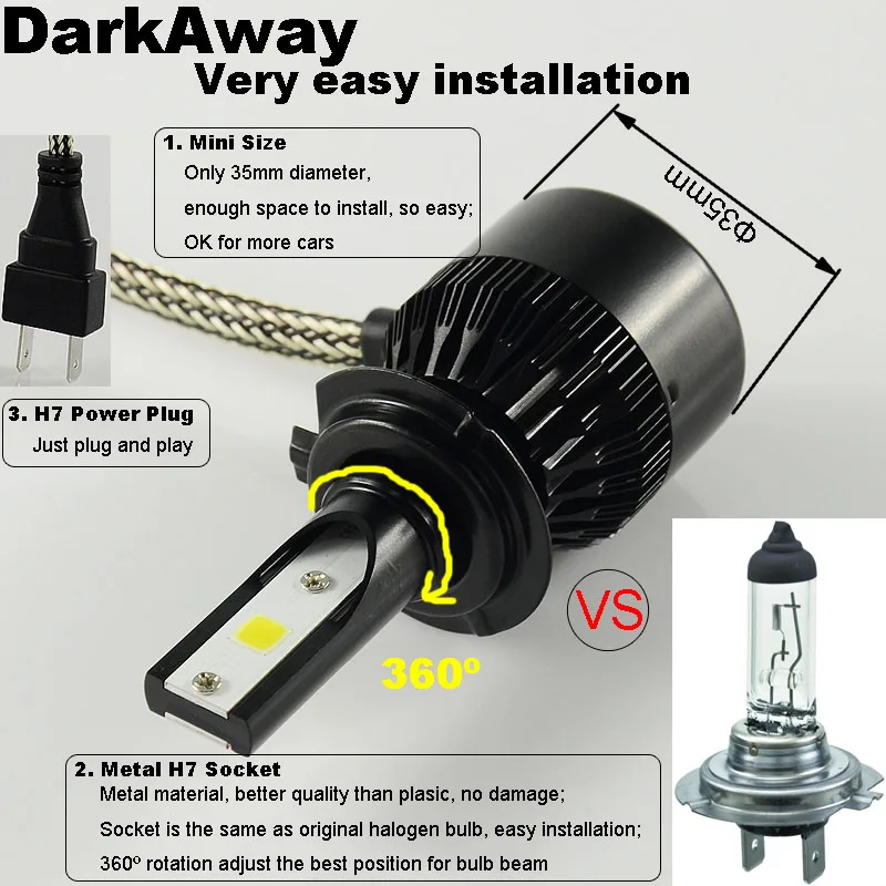 Светодиодные Автомобильные фары DarkAway лампа для головных фонарей H7 H4 H11 H1 H9 HB3 HB4 H27