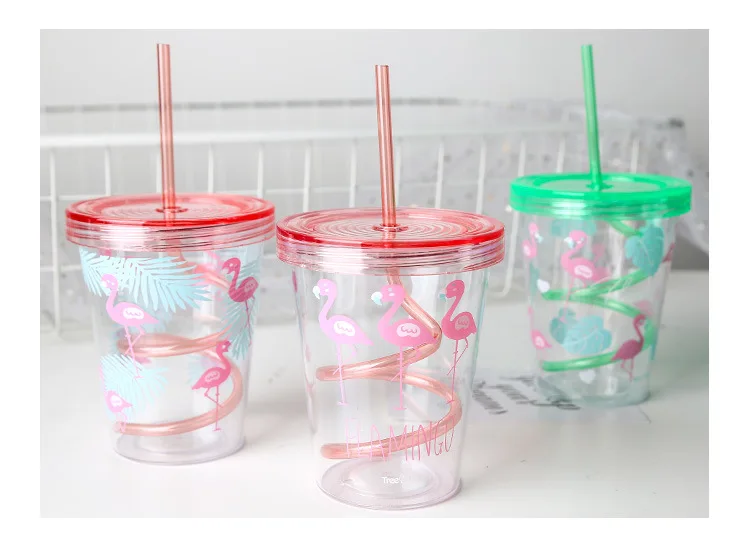 450ml Flamingo Cartoon Cute Plastic Straw Bottle Summer Outdoor Sport Cool Ice Water Bottle Women Office School Drink Bottles