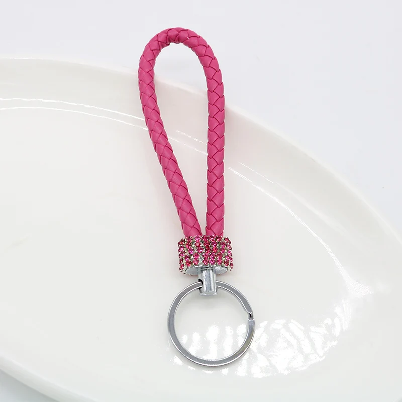 Творческий брелок из кожи с кристаллами Rhinestone, связанный в плетеную шнурок, женский брелок для сумки, металлические брелки для ключей, кольца для талии для мужчин, оптовая продажа.