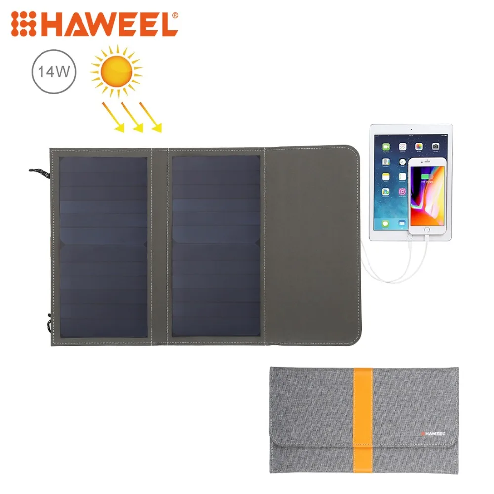 

HAWEEL 14W Foldable Solar Panel Charger with 5V / 2.1A Max Dual USB Ports Portable Travel Solar Powered Panel