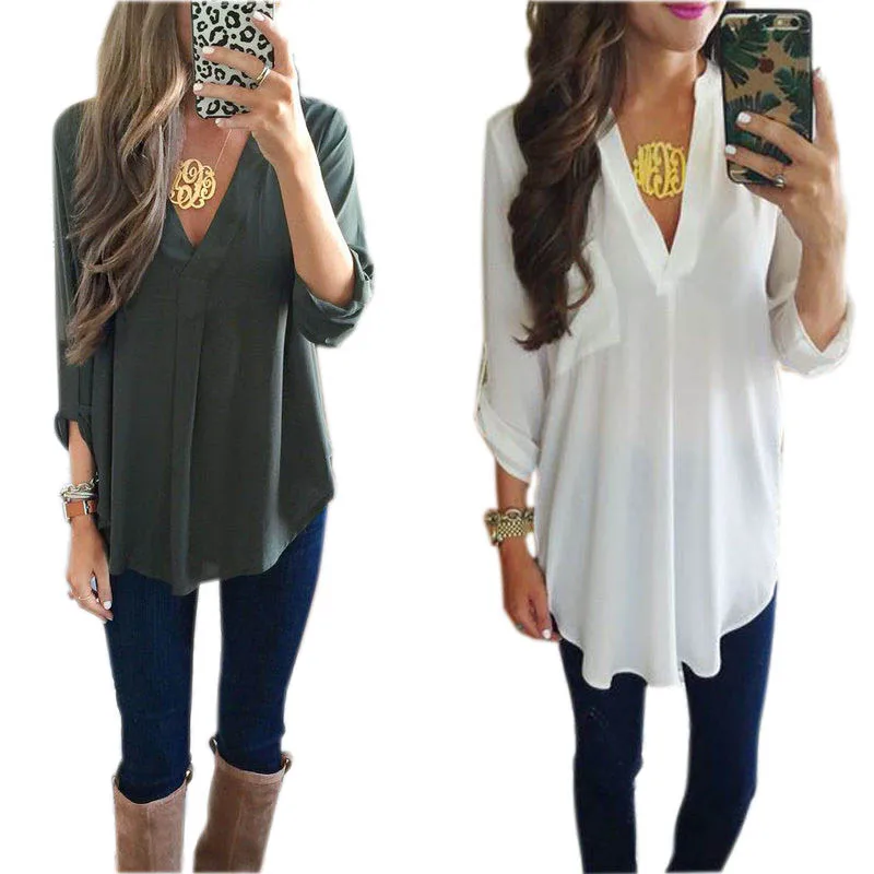 

Fall Fashion Women Casual Long Sleeve Tops Shirt Sexy Ladies V-Nrck Chiffon Loose Blouse White Army Green Color Plus Size