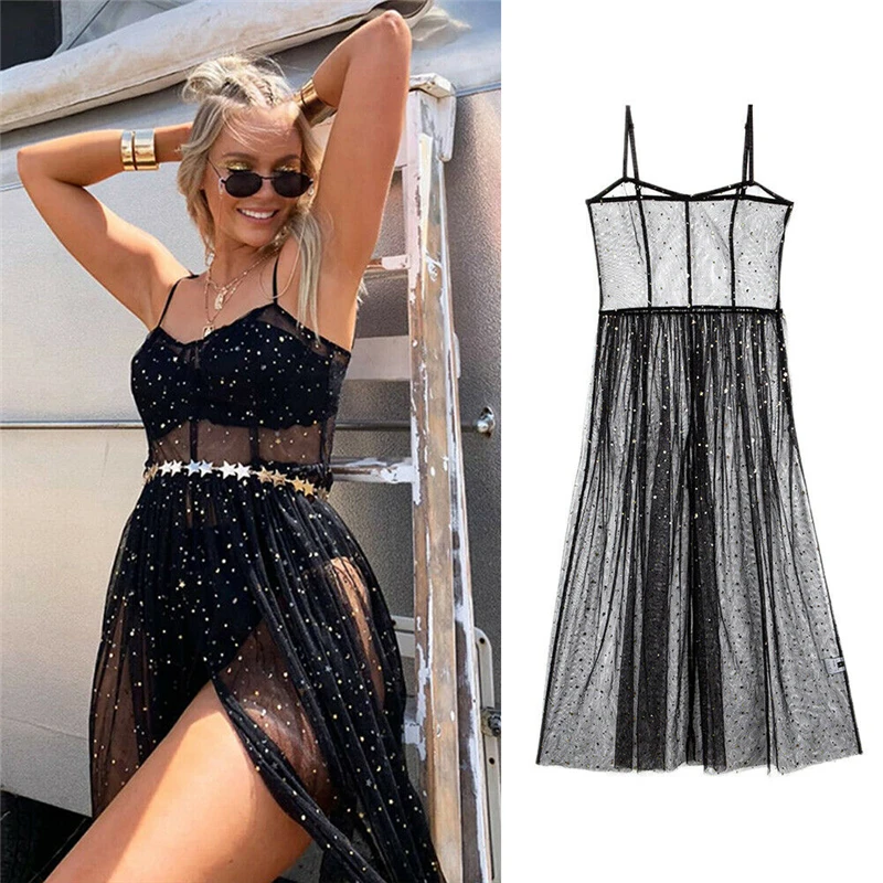 Женское Сетчатое платье с блестками Черное длинное макси на бретельках вечерние