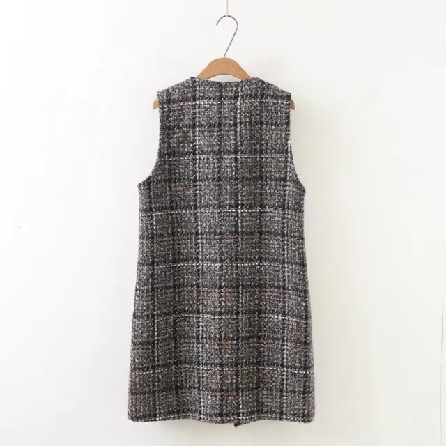 KoHuiJoo XL-3XL размера плюс осень зима женский длинный шерстяной жилет Свободный О-образный вырез коричневый твидовый жилет винтажный жилет кардиган без рукавов