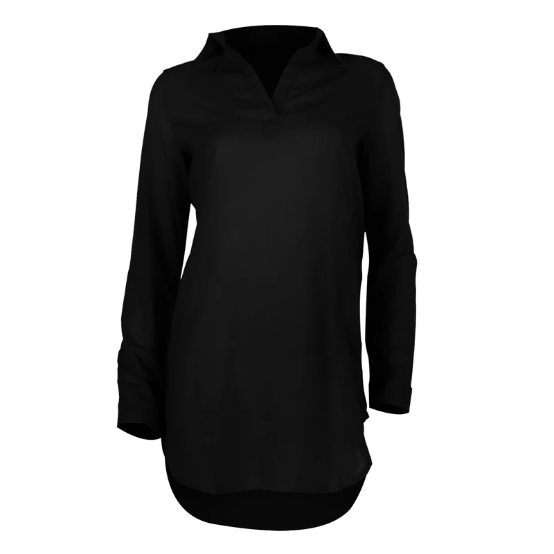 CINESSD Women Tops Chiffon Blouse V Neck Long Sleeves Navy Blue Casual Shirt Autumn Asymmetry Pocket Ladies Office Tee Shirts