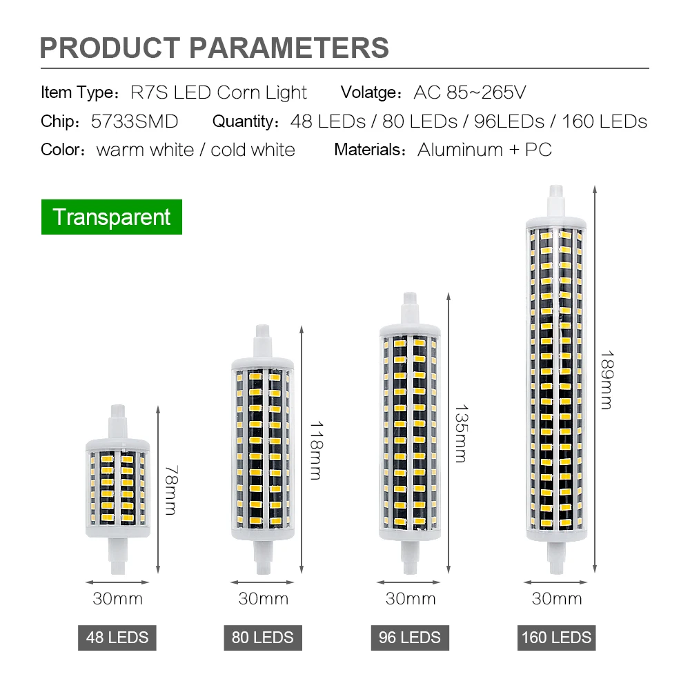 1 шт. R7S Светодиодная лампа кукуруза SMD5730 диммируемая 78 мм 118 135 189 SMD светильник 8 Вт