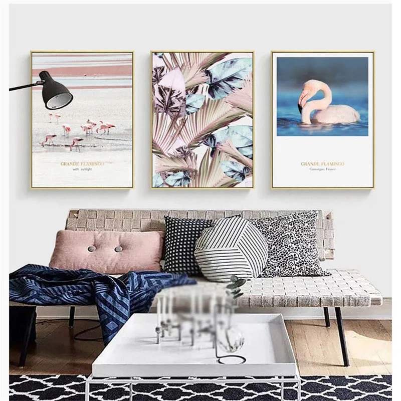 

HAOCHU Nordic Canvas Art Print Painting Poster Modern Minimalist Pink Flamingo Animal Plants Living Room Bedroom Decorations