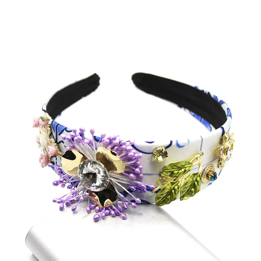 Crystal Hairbands Baroque Crown Retro Cross Purple Pearl Flower Wide Headband Leaves Bridal Headdress Hair Jewelry Accessories | Украшения