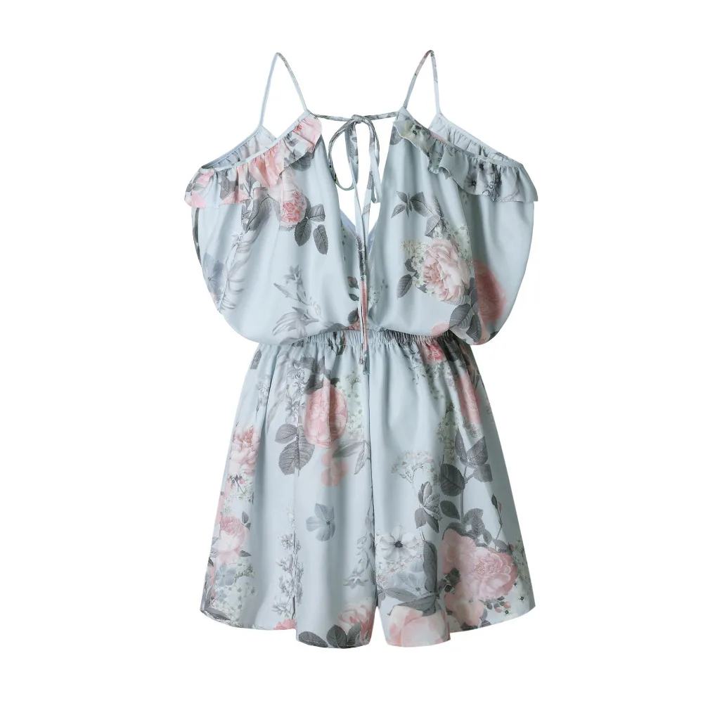 Floral V-Neck jumpsuit women romper summer backless bandage loose lady Shorts beach lace up coveralls female frock | Женская одежда