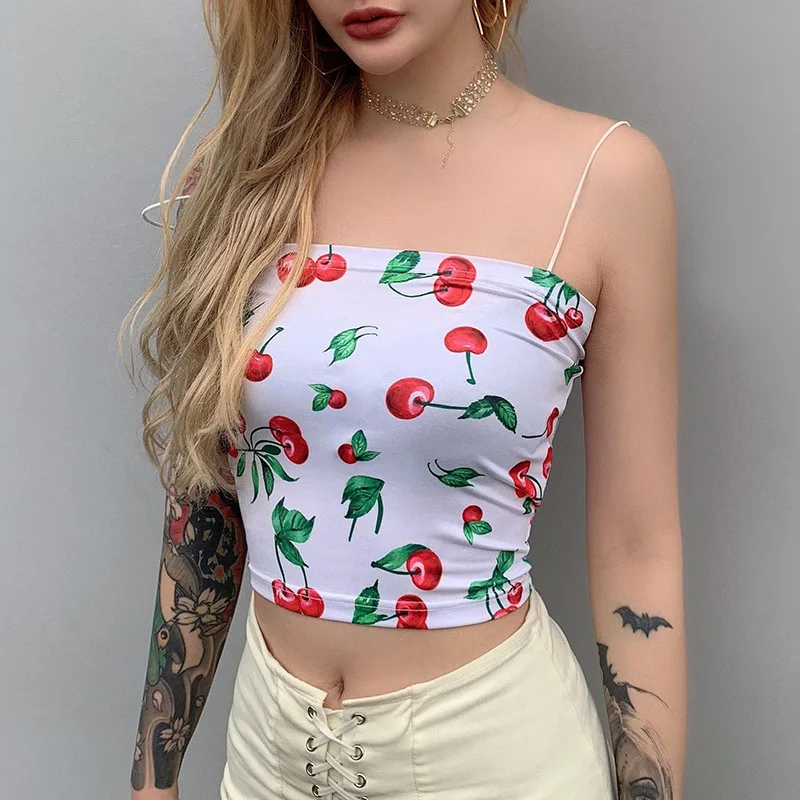 Женский топ с принтом вишни белый/черный облегающий на бретельках вырезом