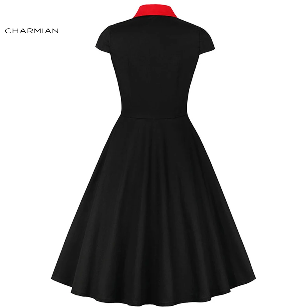 Женское винтажное платье Чонсам Charmian Черное и красное с отворотом короткими