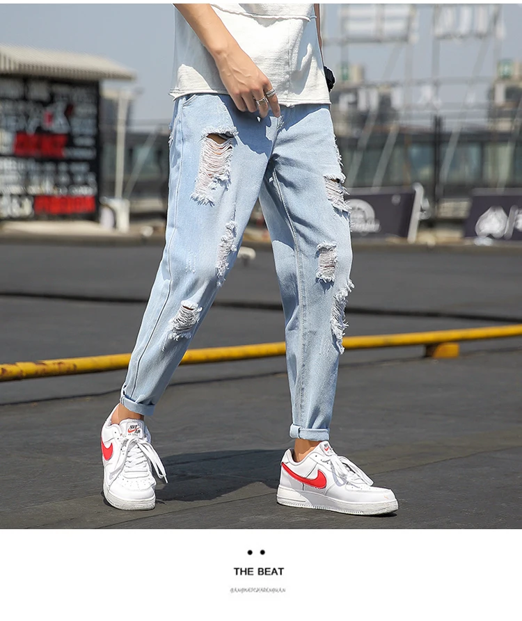 Summer Jeans Men Fashion Streetwear Ripped Jeans For Men Plus Size Light Blue Men Jeans Pants Casual Trousers Male 5XL-M