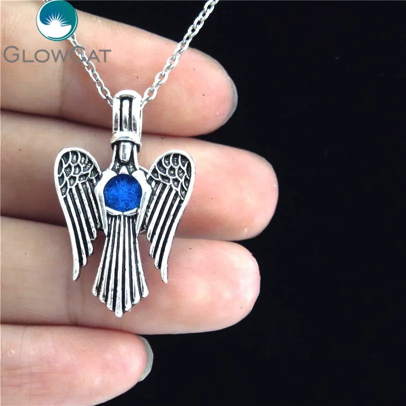 GLOWCAT VP278 Vintage Silver Saint Wings Natural Pearl Cage Locket Necklace Perfume Essential Oil Pendant Necklaces | Украшения и