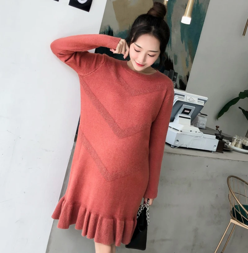 Maternity Plus Size Loose Knit Dress for Pregnant Women Solid Ruffles Sweater Dresses Pregnancy Clothes Casual Long Pullovers | Мать и