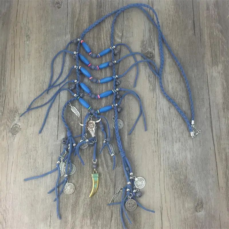 Женское богемное ожерелье с бахромой длинное бусинами и кисточками этническое в