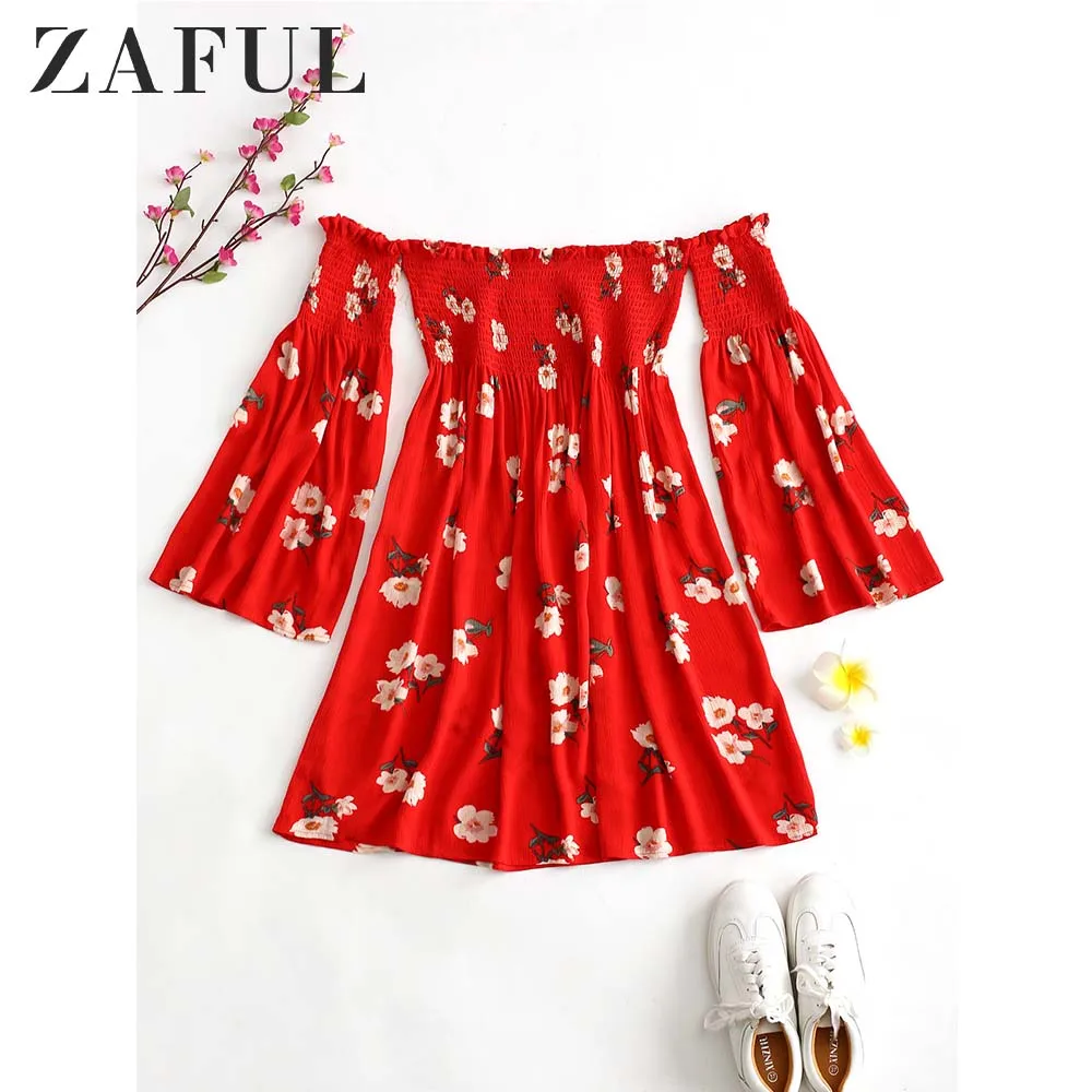 ZAFUL Платье с цветочным принтом открытыми плечами Летние пляжные платья Женское