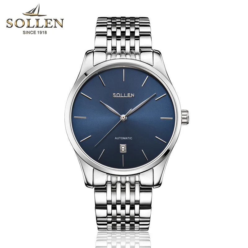 Silver Blue SOLLEN мужские s часы лучший бренд класса люкс автоматические механические часы мужские черные Полные стальные деловые водонепроницаемые модные спортивные часы - Цвет: Silver Blue