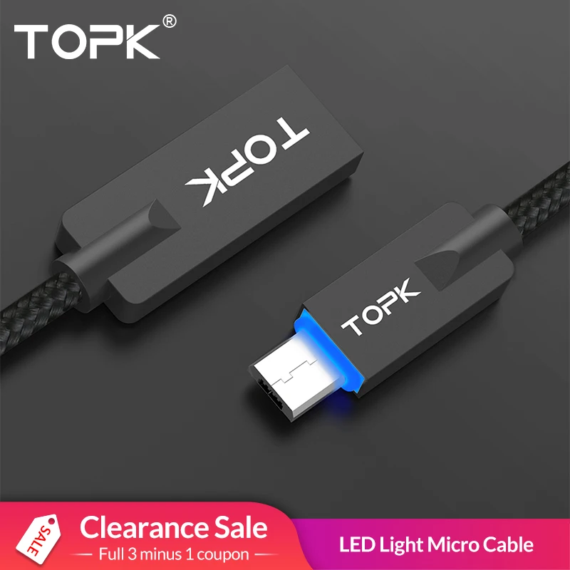 TOPK светодиодный кабель Micro USB из цинкового сплава с нейлоновой оплеткой 2 0 для