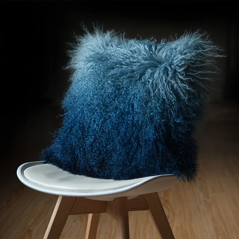 Подушка из тибетской овчины с кудрявым мехом мягкий мех синего цвета для мебели