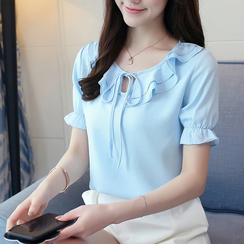 

Fashion 2018 Women Tops And Blouses Office Wear Chiffon Blouse Bow Ruffles Shirt Women Cute Casual Women Shirts Summer Tops
