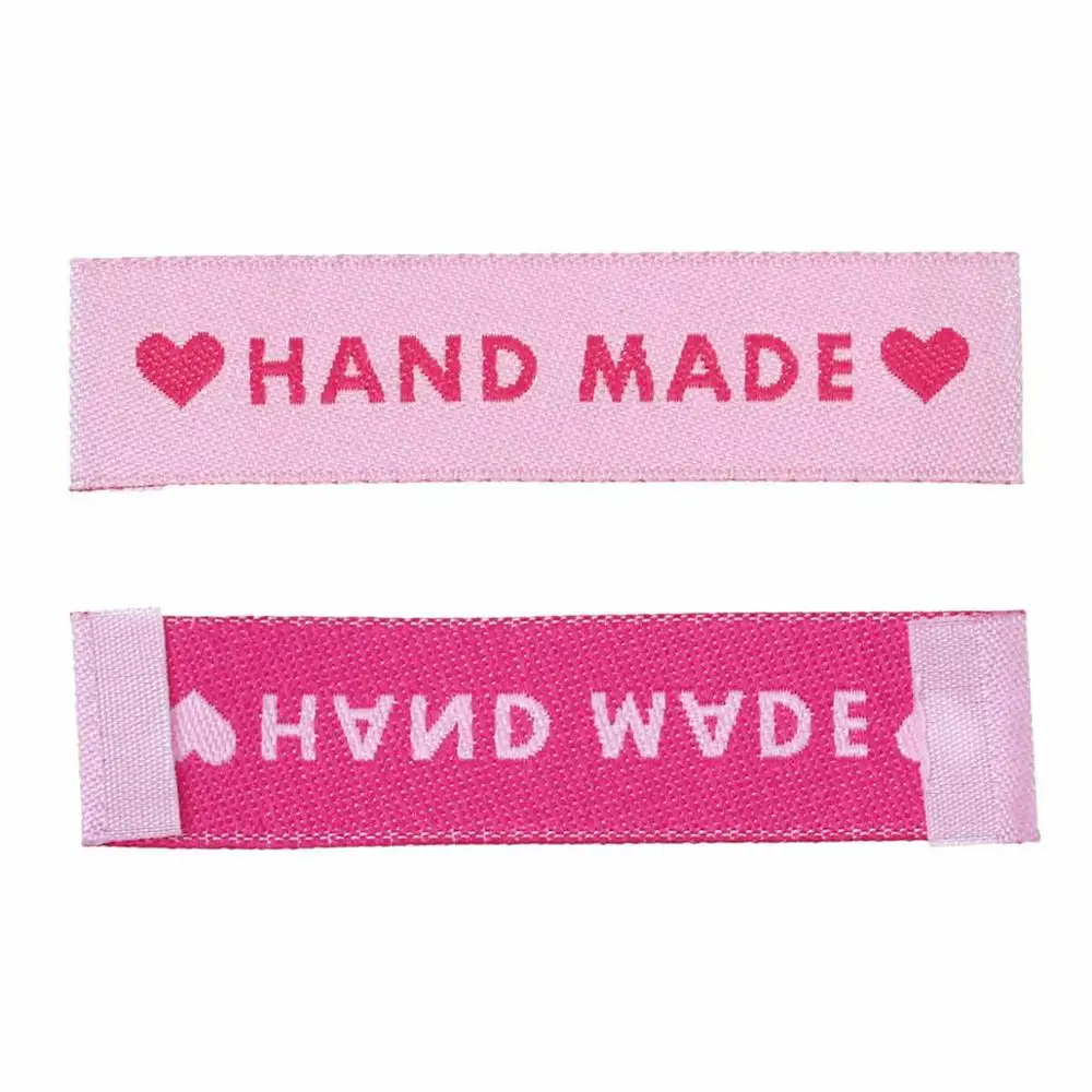 DoreenBeads Терилен тканые печатные этикетки бирки DIY Скрапбукинг Ремесло прямоугольник сердце узор ручной работы 60 мм x 15 мм, 50 шт - Цвет: Pink handmade