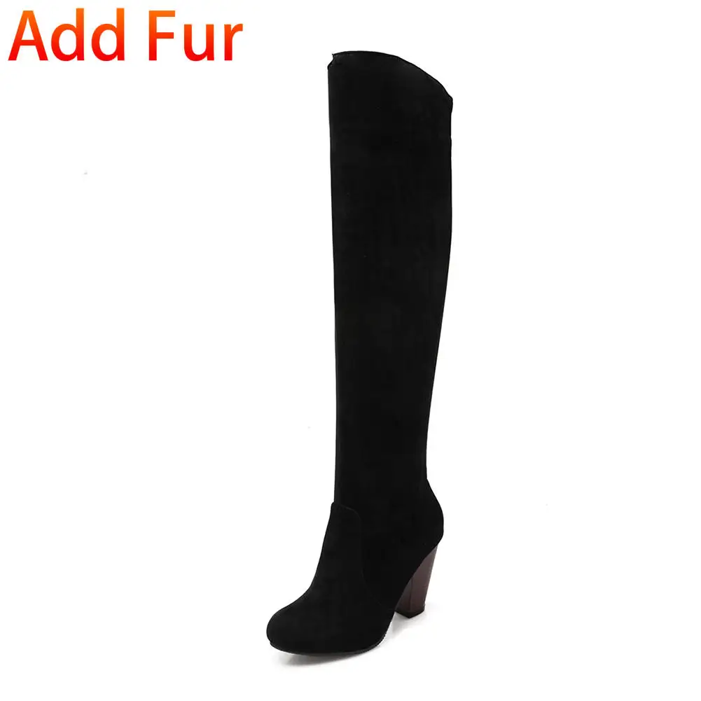 Black fur ALLENLYNN/Большие размеры 34-43; женские ботфорты; Винтажная обувь на не сужающемся книзу высоком массивном каблуке; женские осенне-зимние рыцарские сапоги на толстом меху - Цвет: Black fur