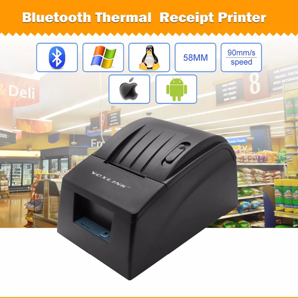 Voxlink Bluetooth 58 мм Термальность чековый принтер 90 мм/сек Android IOS Desktop POS Поддержка
