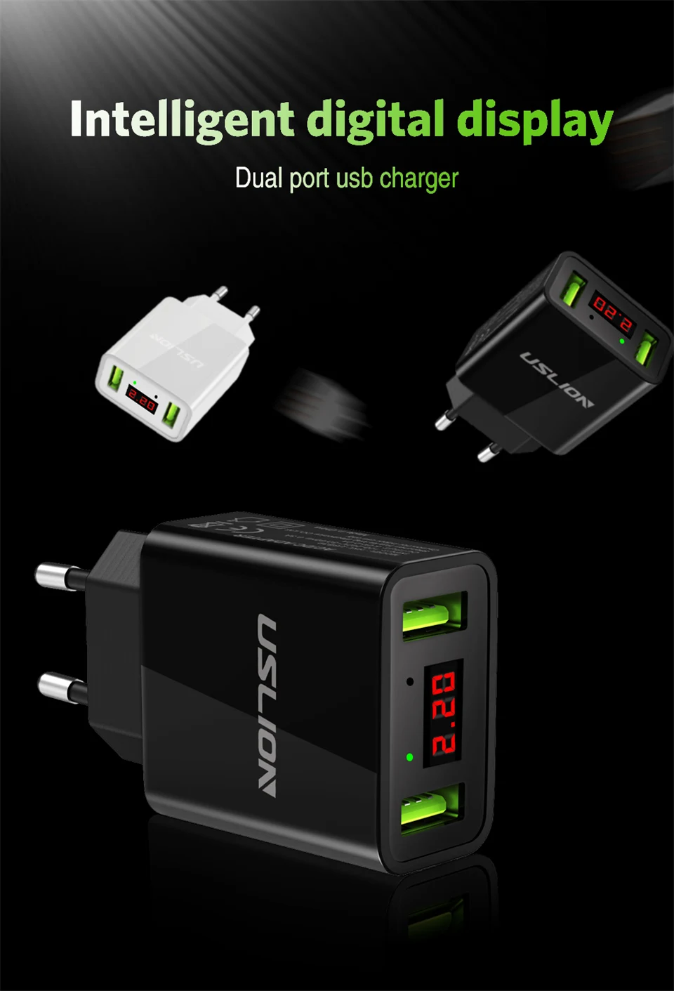 USLION 2.2A USB зарядное устройство для мобильного телефона, умный светодиодный дисплей, 2 USB настенное зарядное устройство, быстрая зарядка, штепсельная вилка европейского стандарта для iPhone, samsung, Xiaomi, huawei