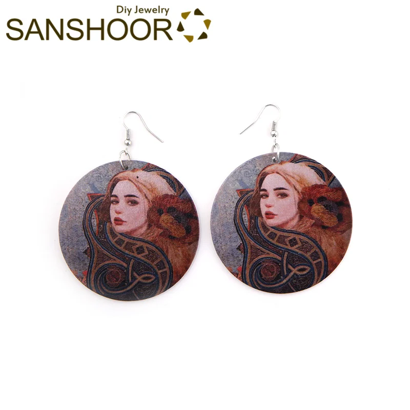 Винтажные деревянные серьги подвески SANSHOOR с рисунком Африканской королевы