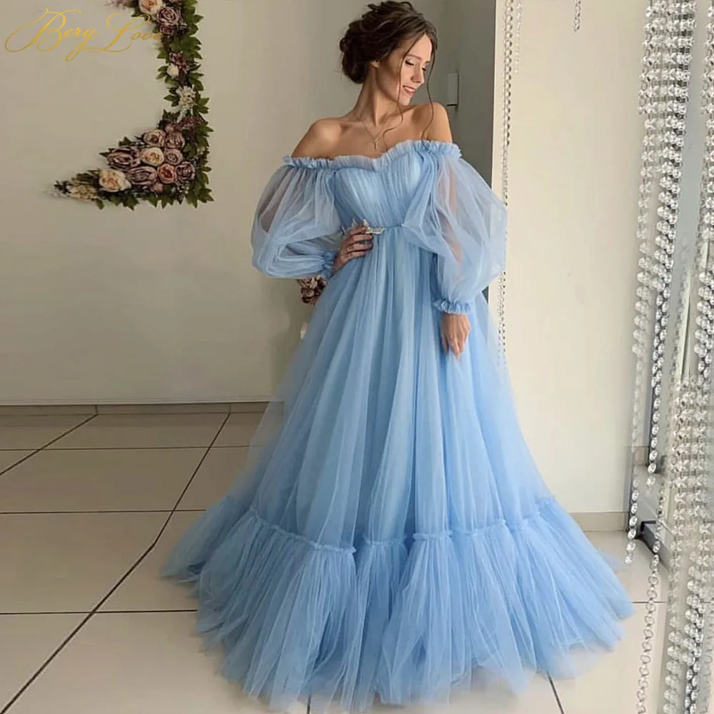 Blue BeryLove нежно-розовый тюль вечернее платье ТРАПЕЦИЕВИДНОЕ с длинными рукавами с вырезом-сердечком длинное вечернее платье для беременных женщин - Цвет: Blue