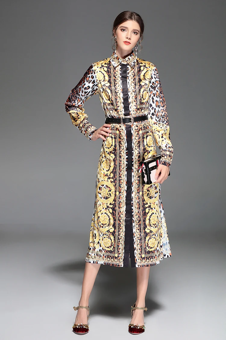 AELESEEN Vintage Runway Dress Women Summer Fashion Sashes Mid-Calf Plus Size XXXXL Split Luxury Leopard Print Dress