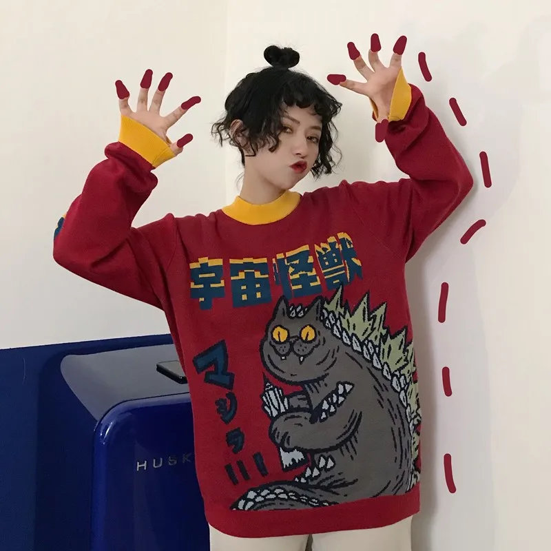 Harajuku Модные трикотажные Для женщин свитер с мультяшным монстром вышивка студент свитер пальто свободные ретро хит Цвет пуловер свитер