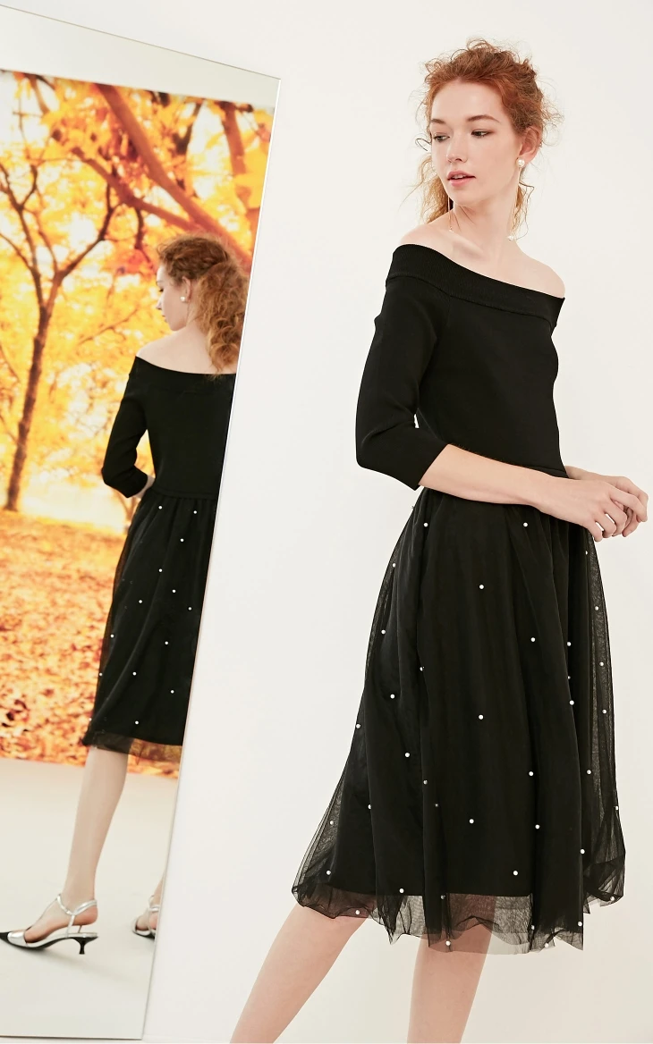 Vero Moda Новое Женское трикотажное платье с 3/4 рукавами и открытыми плечами | 318346521