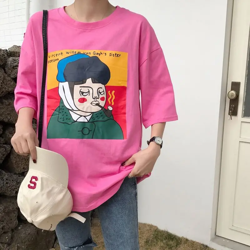 Women Summer Fun Printing Oversize T shirt Cartoon Loose 3/4 sleeved Long Pink White New Spring Korean Shirt|Футболки| |