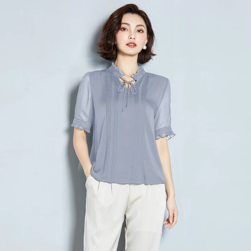 Light Grey AYUNSUE, летняя мода, натуральный шелк, Blusas Mujer De Moda,, элегантная повседневная женская блузка с v-образным вырезом, женский топ с коротким рукавом S19X258 - Цвет: Light Grey