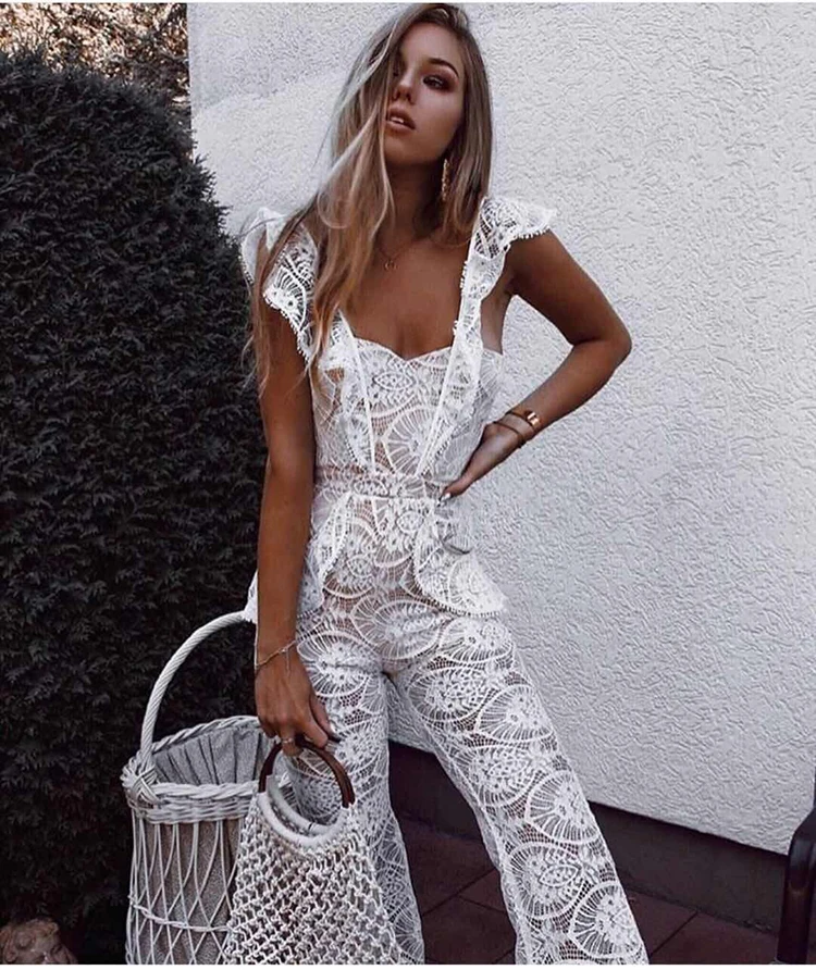 Весна 2019 Новое поступление белые кружевные Длинные Комбинезоны сексуальные