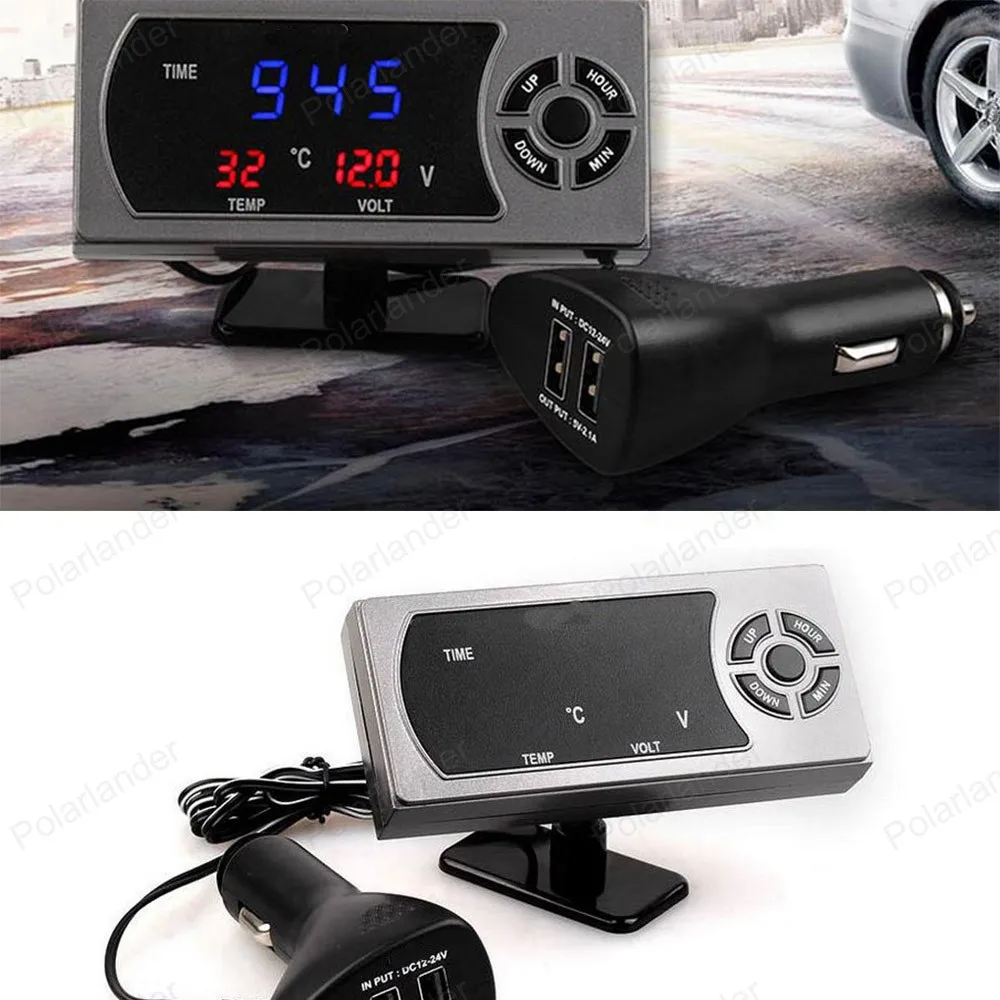 Светодиодный дисплей на экране автомобиля 2.1A двойной USB Часы Вольтметр термометр 4 в 1 адаптер прикуривателя Зарядное устройство для телефона