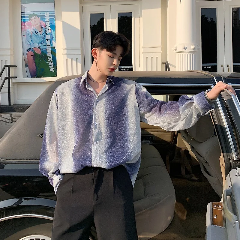 M-XXL!!Spring and autumn gradient color printing dyeing loose long-sleeved shirt tide brand men's temperament net red shirt. | Мужская
