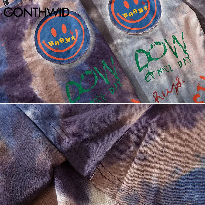 GONTHWID граффити с принтом смайлика Tie Dye футболки для повседневной носки Для мужчин