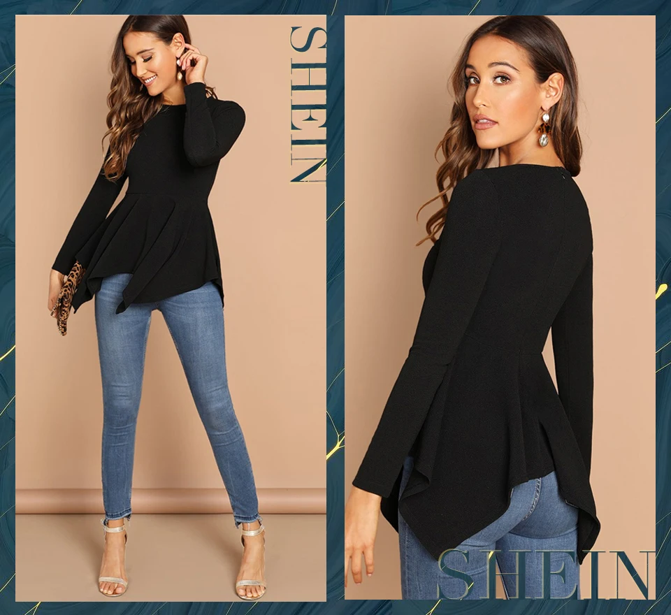 SHEIN Однотонный Топ С Асимметричным Низом И Молнией Женская Черная Классическая Блузка С Длинными Рукавами
