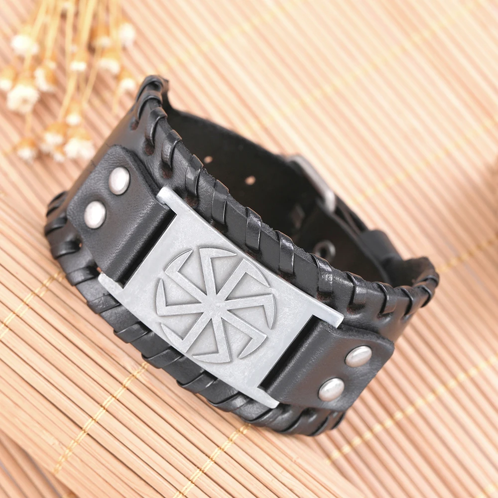 Teamer черный широкий кожаный славянский амулет Sun Wheel талисман бижутерия