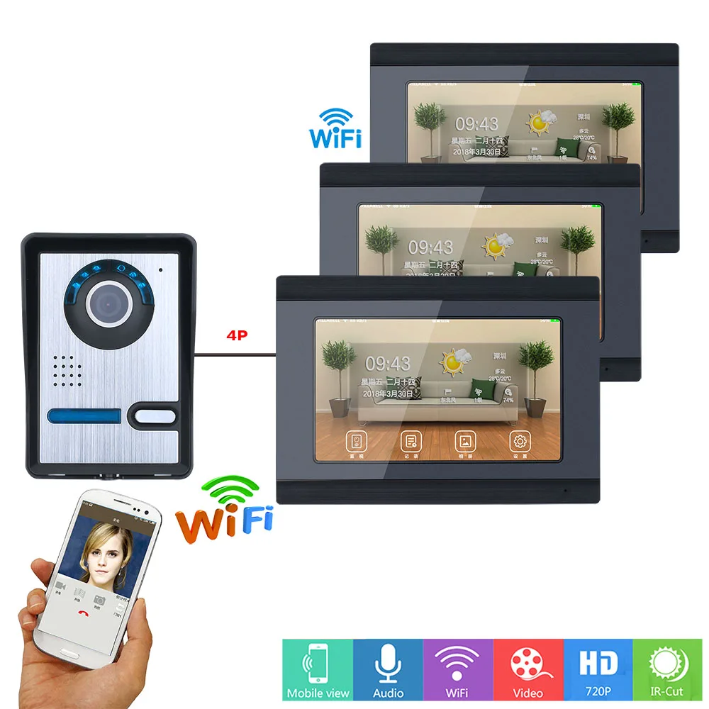 7 дюймов 3 монитора проводной/беспроводной Wifi видео дверной звонок Домофон