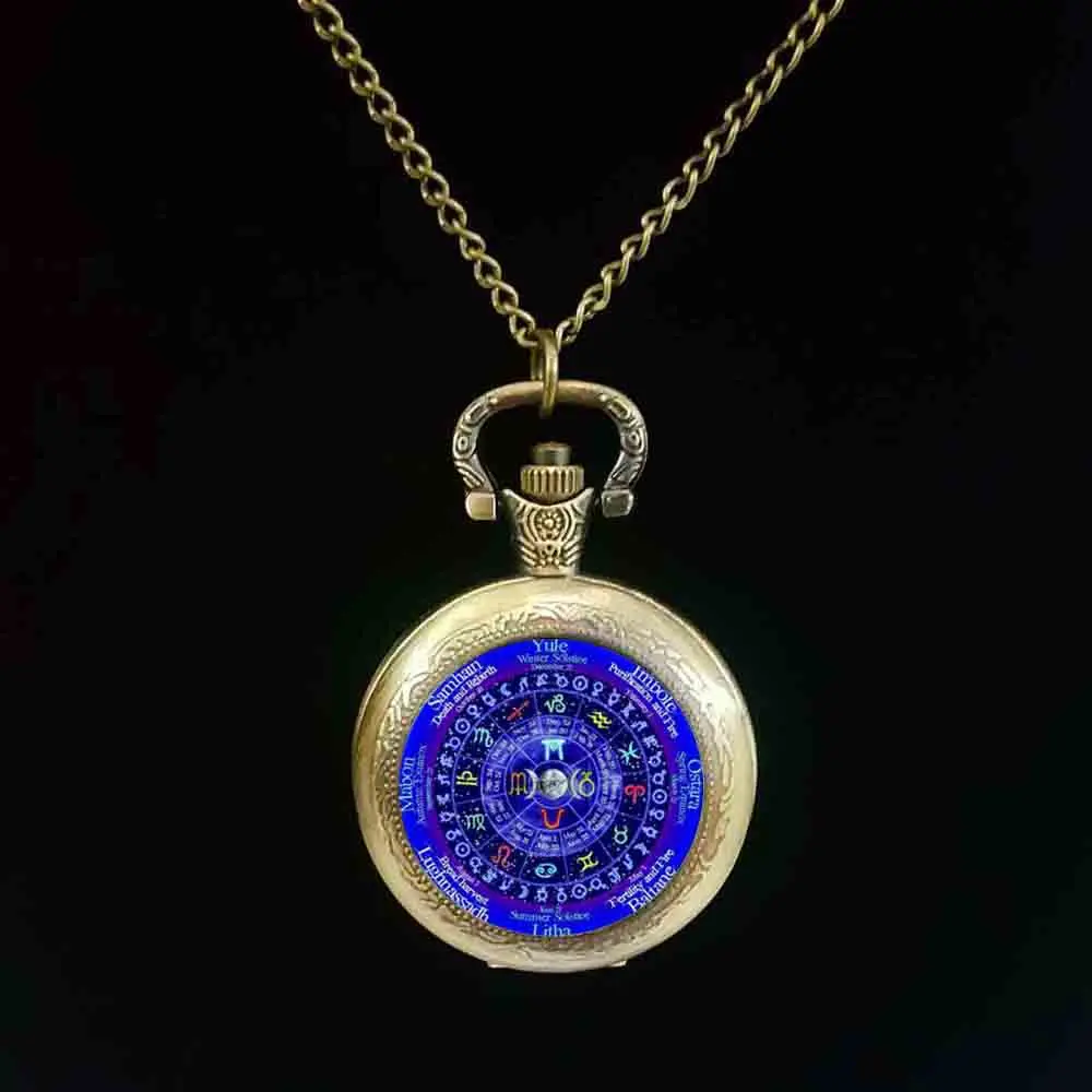 1 шт./лот Zodiac Wicca логотип карманные часы с пентаграммой Wiccan винтажные цепочки