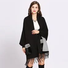 Bufanda de punto con borlas de gran tamaño para mujer, Poncho de Cachemira de imitación, chal Vintage de manga larga con bolsillo de piel, invierno, 2020