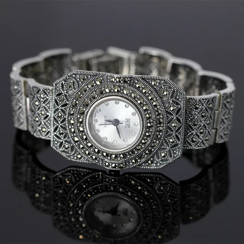 

New Limited Edition Classic Elegant S925 Silver Pure Thai Silver Bracelet Watches Thailand Process Rhinestone Bangle Dropship
