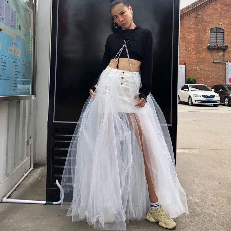 TWOTWINSTYLE сетчатые Лоскутные Джинсовые юбки для женщин, высокая талия, длина до пола, Женская Повседневная корейская мода, весна
